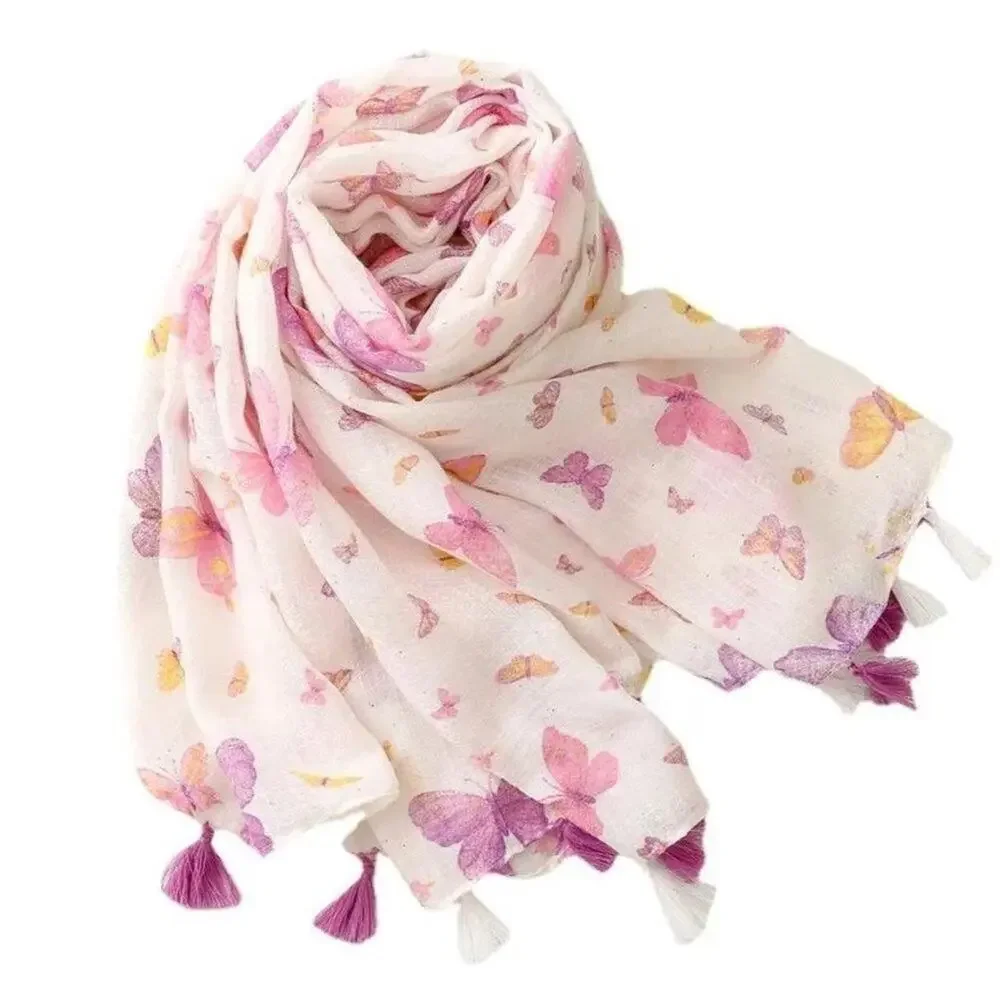 NEW Boho Butterfly Design Tasseled Rectangle Soft Chic Scarf Large Cream Pink